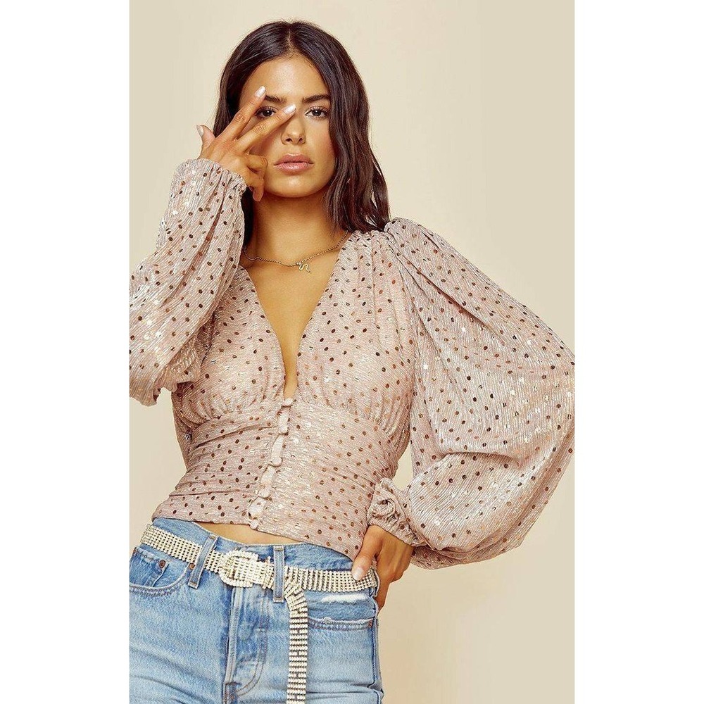 For Love & Lemons Blouse Womens M Pink Metallic Polka‎ Dot Party Glam Night Out